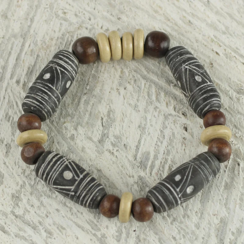 wrap bracelet with leather and stones -African Woman Brown Earth Tone Beaded Stretch Bracelet by Ghana Artisan