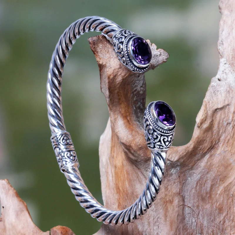 personalized engraved bracelet for dad -Bali Splendor Bali Jewelry Sterling Silver Cuff Bracelet with Amethyst