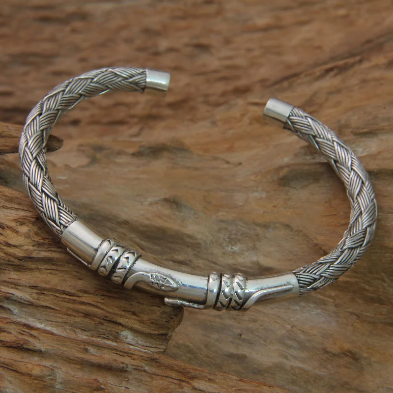 cute beaded bracelet for kids -Balinese Serpents Snake Themed Sterling Silver Cuff Bracelet from Bali