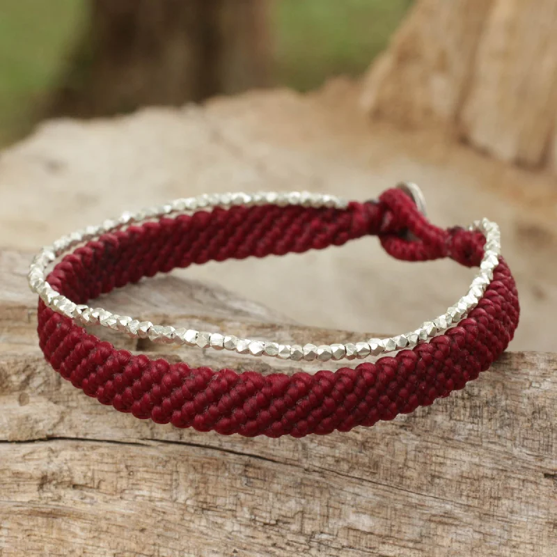 wrap bracelet with leather and beads -Blithe Red Women's Red Wristband Bracelet with Silver Beads