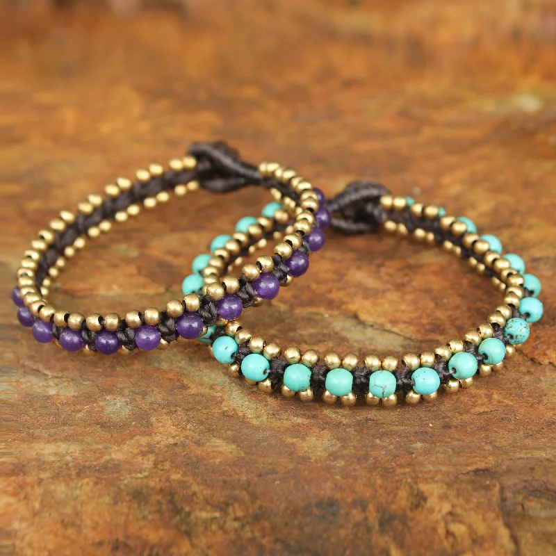 stylish friendship bracelet for young adults -Blue Purple Aryuveda Hand Made Quartz and Resin Beaded Bracelets (Pair)