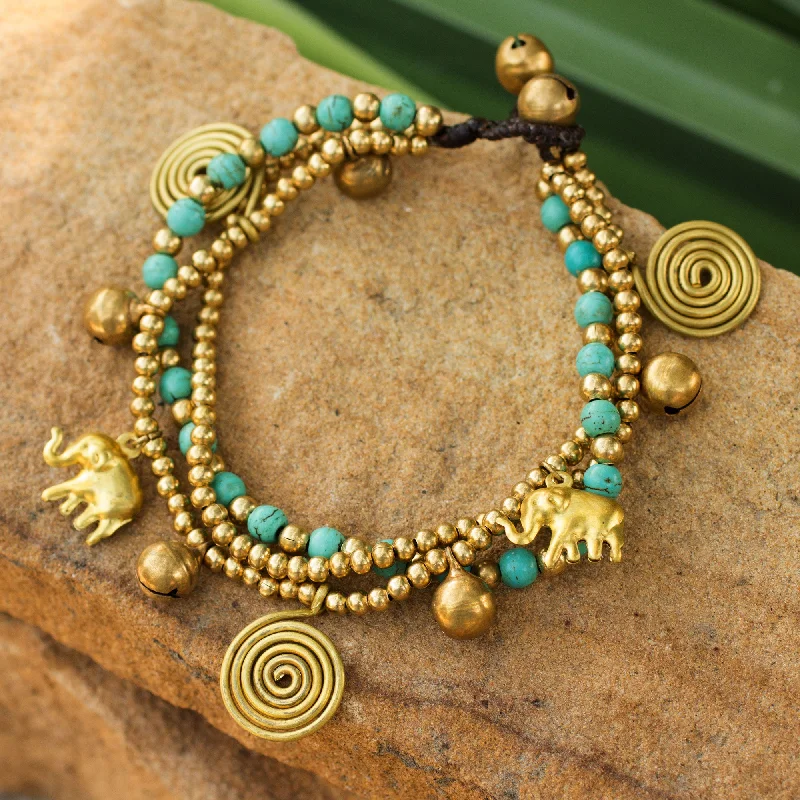 boho chic bracelet with natural stones -Blue Siam Elephants Hand Crafted Brass Charm Bracelet from Thailand