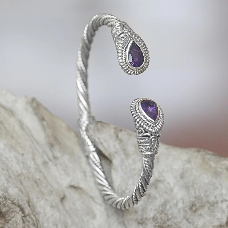 men’s silver chain bracelet for stylish look -Bright Eyes Amethyst Sterling Silver Cuff Bracelet from Indonesia