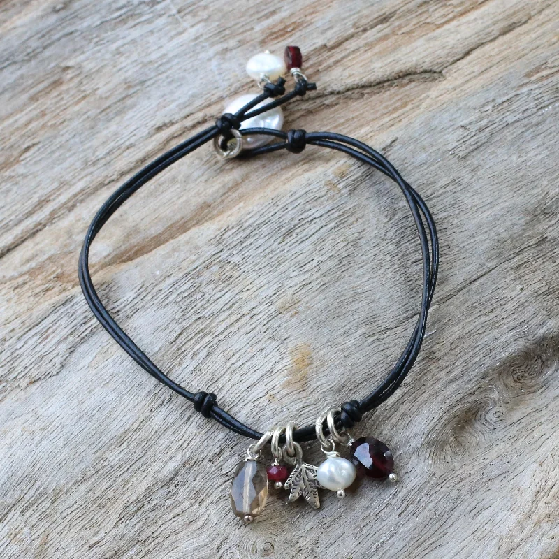 adjustable bracelet with healing crystals -Cool Thai Leather and pearl pendant bracelet