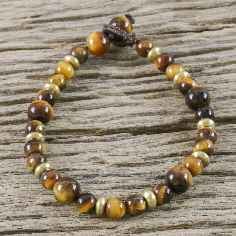 multi-color bracelet for fashionable look -Courageous Eye Hand Crafted Bead Bracelet of Tiger's Eye and Brass