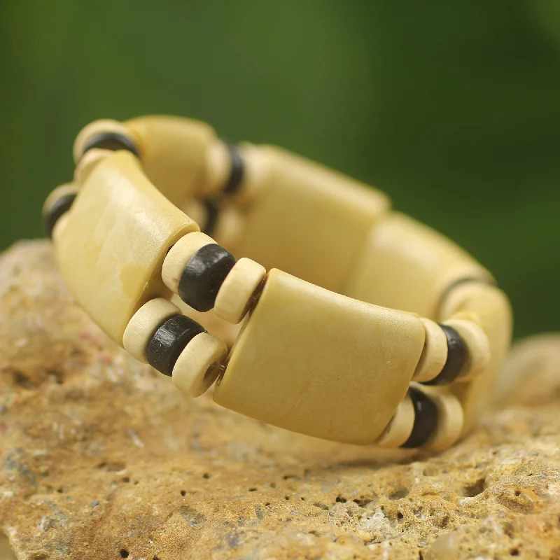 adjustable leather bracelet for personalized fit -Cream Connection Handmade Wood and Recycled Bead Stretch Bracelet