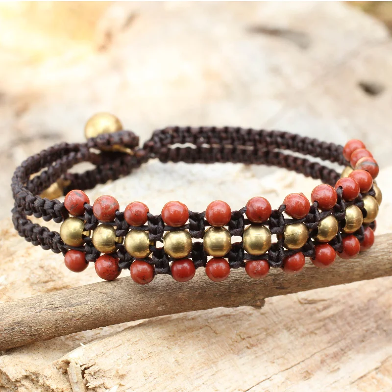 silver bracelet with elegant crystals -Crimson Joy Red Jasper and Brass Wristband Bracelet