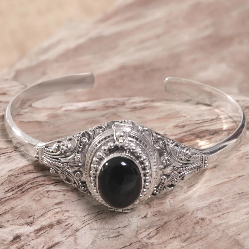 elegant bangle bracelet for luxury look -Deep Gaze Onyx and Sterling Silver Cuff Locket Bracelet Indonesia