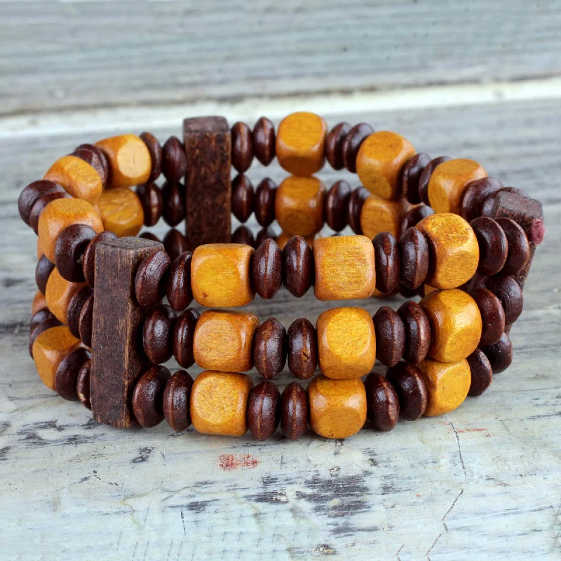 sleek silver bracelet with polished look -Forest Beauty Beaded Natural Sese Wood Multi-Layered Stretch Bracelet