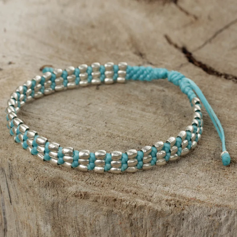 handmade bangle bracelet for unique style -Friendly Blue Light Blue Macrame Adjustable Bracelet with 950 Silver Beads