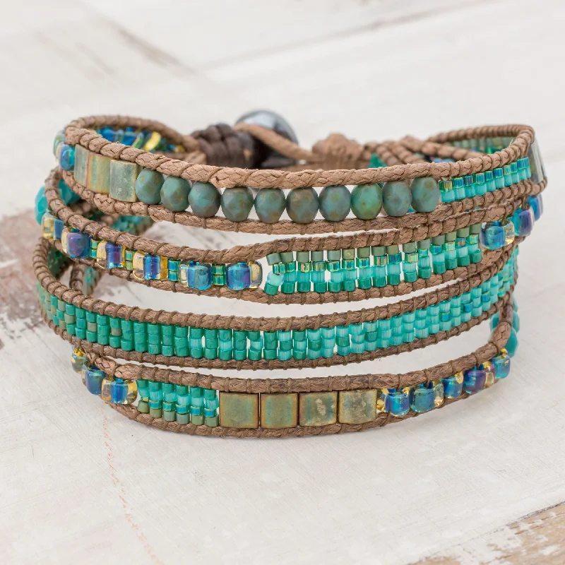 handmade bracelet for personalized gifts -Glistening Lake Glass Beaded Wristband Bracelet in Cerulean from Guatemala