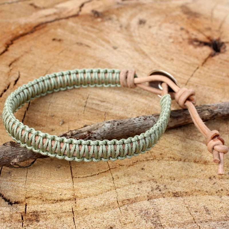 gemstone bracelet for good vibes -Hemlock Suns Silver Button and Pale Green Macrame on Leather Bracelet