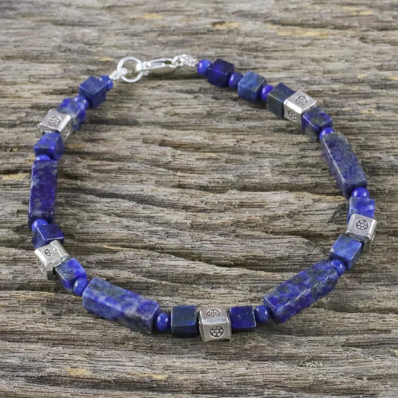 stacking bracelets for personalized look -Indigo Dream Lapis Lazuli and Silver Beaded Bracelet from Thailand