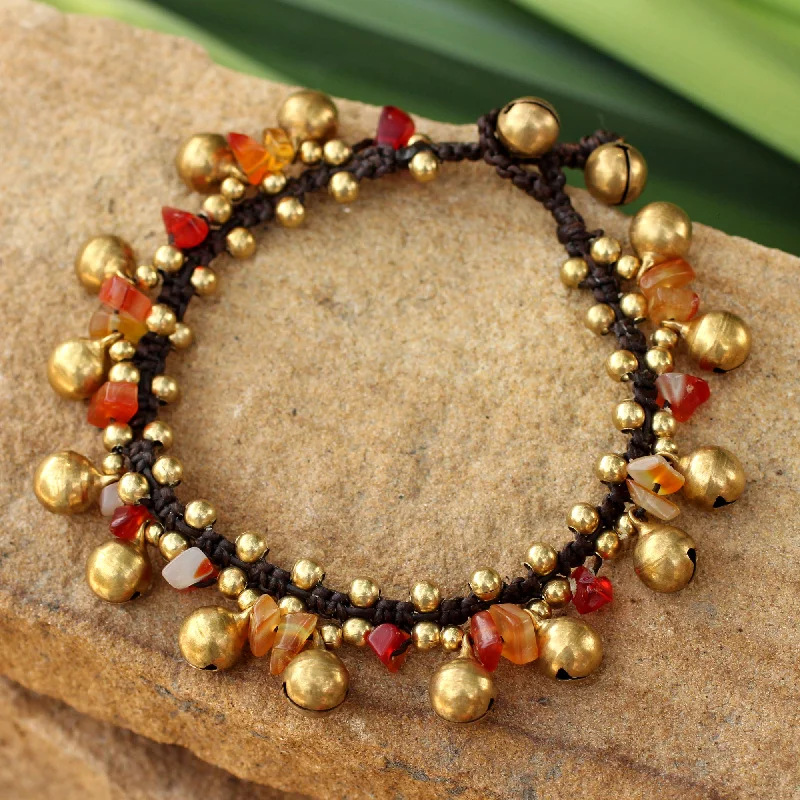 adjustable bracelet for small wrists -Joyous Bells Brass Beaded Carnelian Bracelet from Thailand