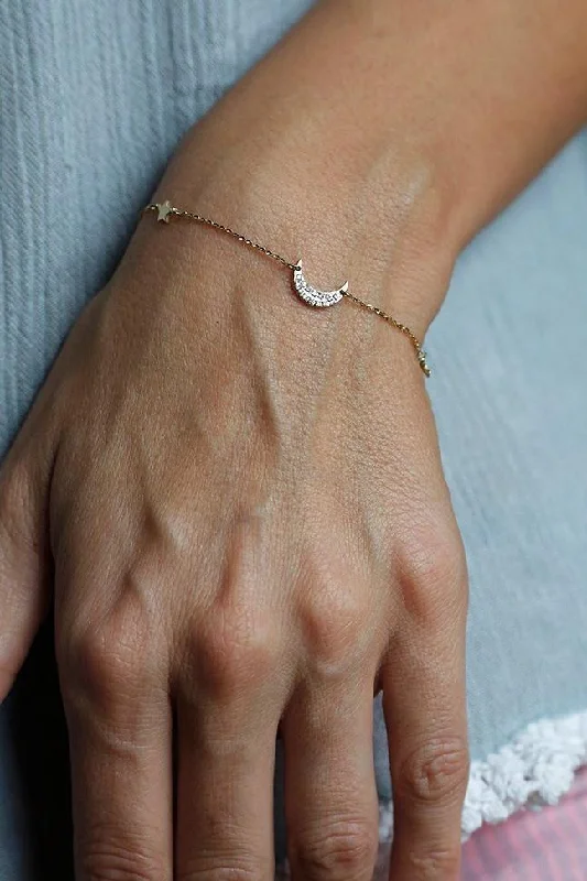 silver cuff bracelet for understated elegance -Moon Stars Bracelet, Solid Gold Diamond Bracelet