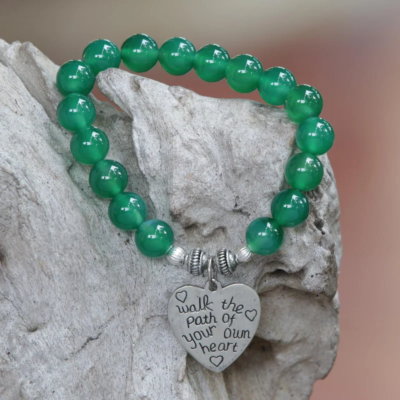 adjustable charm bracelet with birthstones -Path of Love Green Agate and Heart Charm Beaded Bracelet from Bali