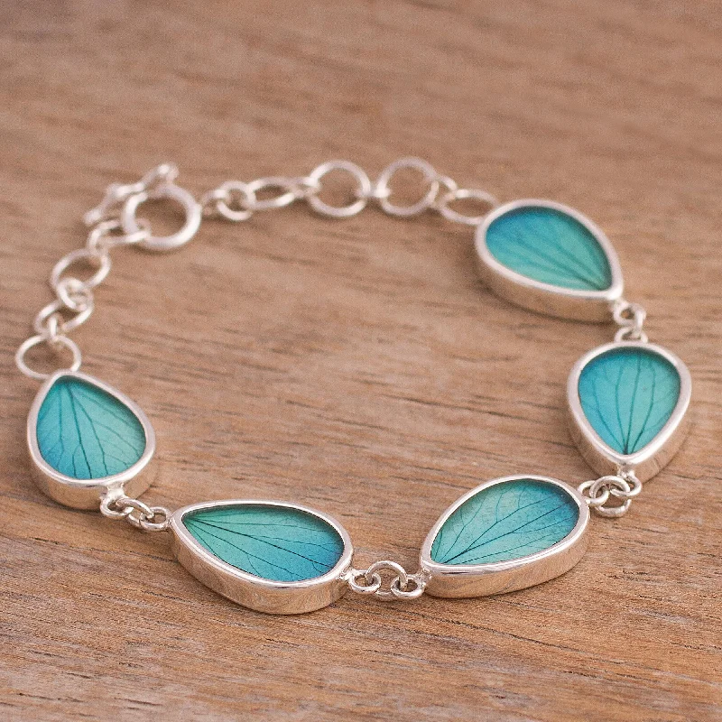 cute bracelets with hearts -Petal Rain in Aqua Aqua Hydrangea Leaf Sterling Silver Teardrop Link Bracelet