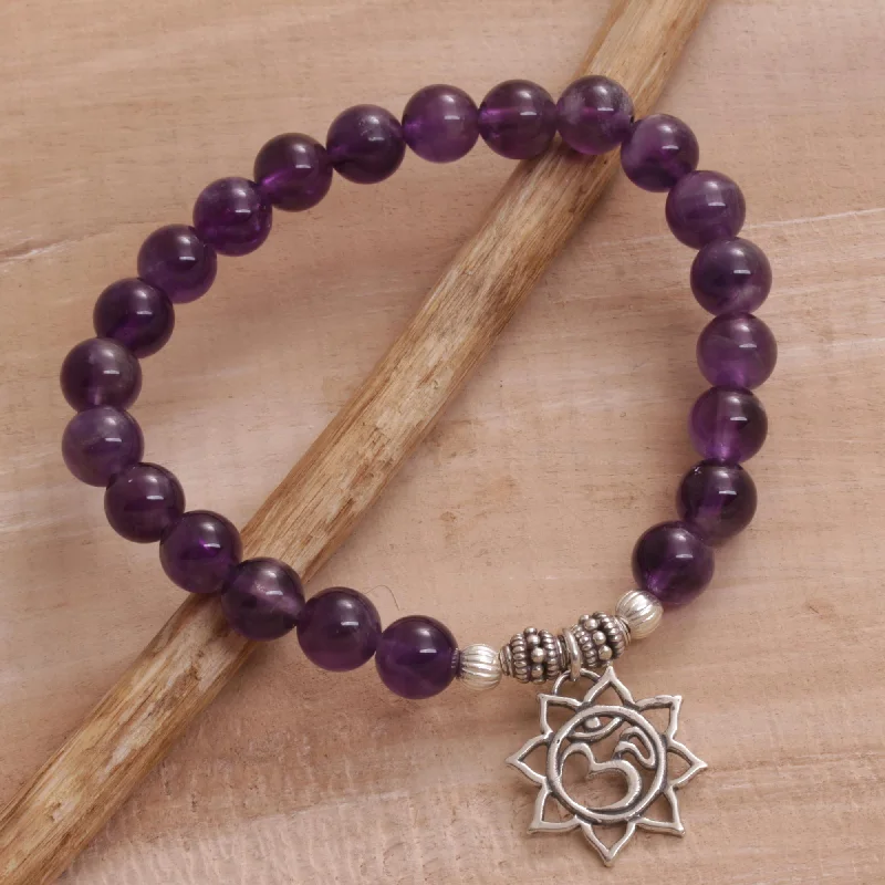 black onyx bracelet for men -Petaled Om Amethyst Floral Beaded Stretch Bracelet from Bali