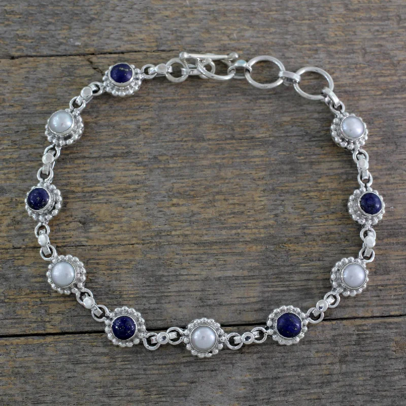 vegan leather bracelet for eco-conscious -Petite Flowers Cultured Pearl Floral Bracelet in Silver with Lapis Lazuli