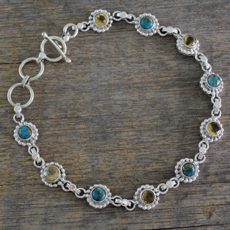 stretchy beaded bracelet for comfort -Petite Flowers Indian Sterling Silver Jewelry with Citrine and Turquoise