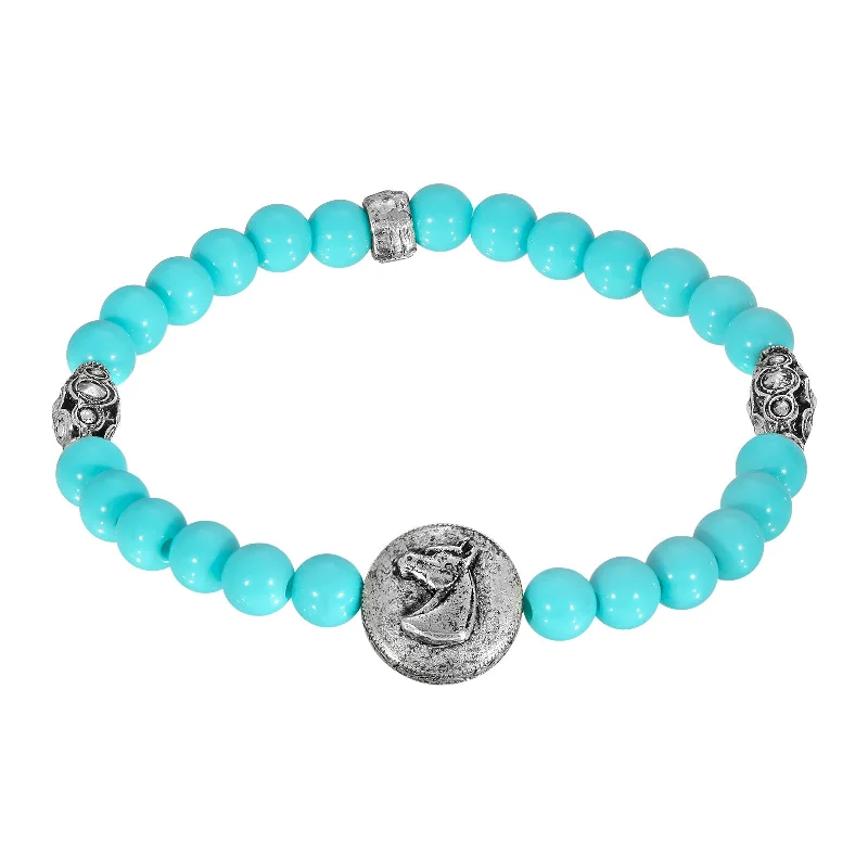 trendy charm bracelet for summer -1928 Jewelry® Pewter Turquoise Color Beaded Horse Stretch Bracelet