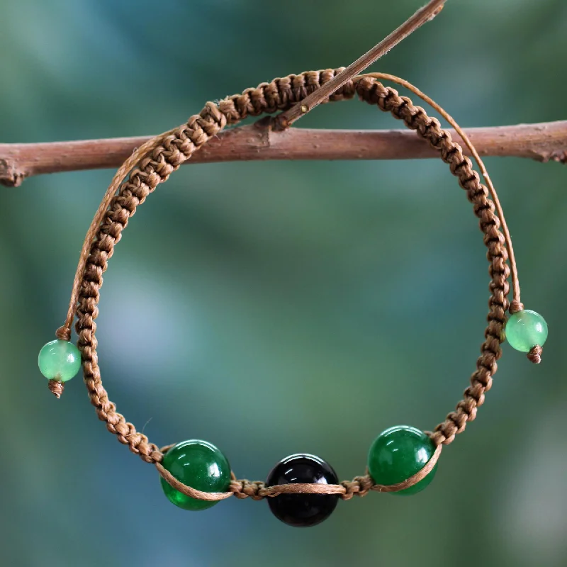 simple leather bracelet for everyday fashion -Protective Tranquility Green and Black Onyx Hand-braided Shambhala-style Bracelet