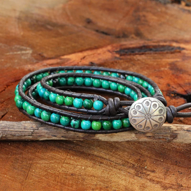 chic silver bracelet with stones -Sea Breeze Thai Hand Knotted Serpentine and Leather Wrap Bracelet