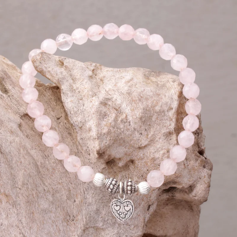 natural wood bracelet for men -Sentimental Charm Rose Quartz 925 Silver Heart Charm Bracelet from Bali