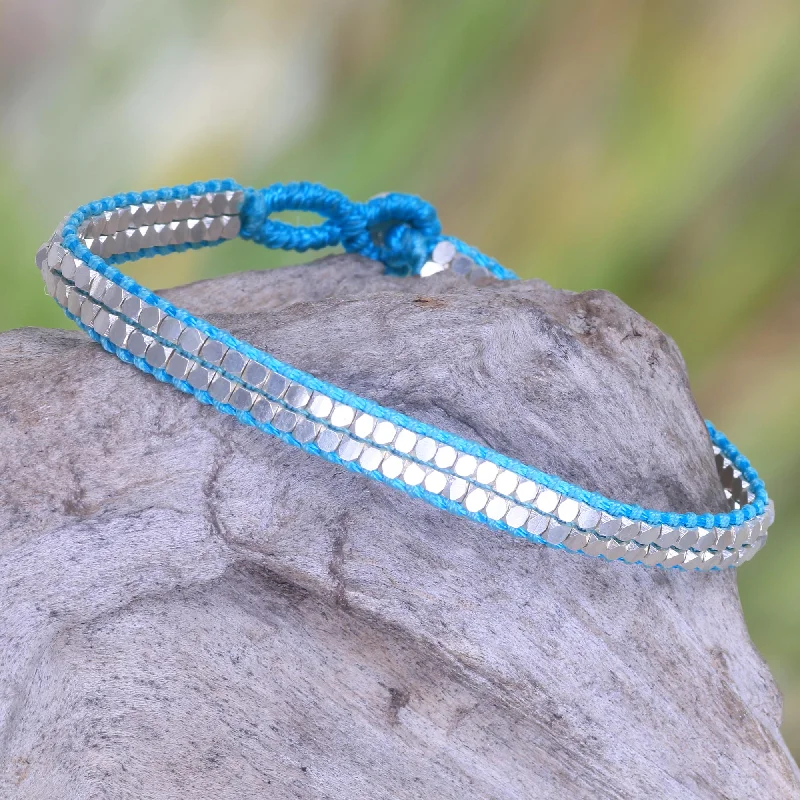 elegant cuff bracelet for evening fashion -Shimmering Path in Turquoise Artisan Crafted Turquoise Beaded Sterling Silver Bracelet