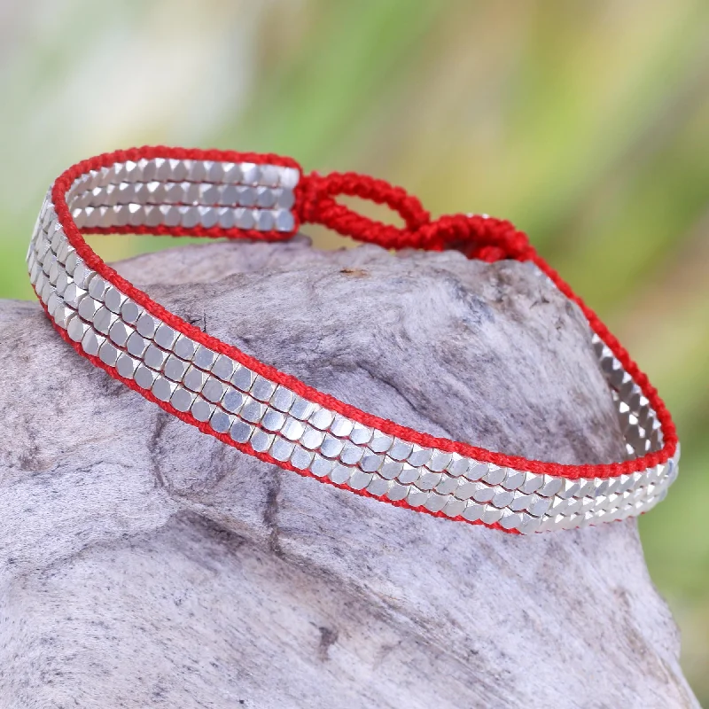 boho-inspired bracelet with feathers -Shimmering Road in Red Fair Trade Sterling Silver and Red Nylon Beaded Bracelet