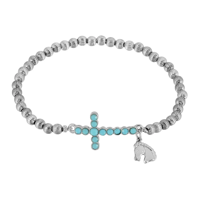 boho style bracelet for summer fashion -1928 Jewelry® Silver Tone Turquoise Cross Horse Charm Stretch Bracelet