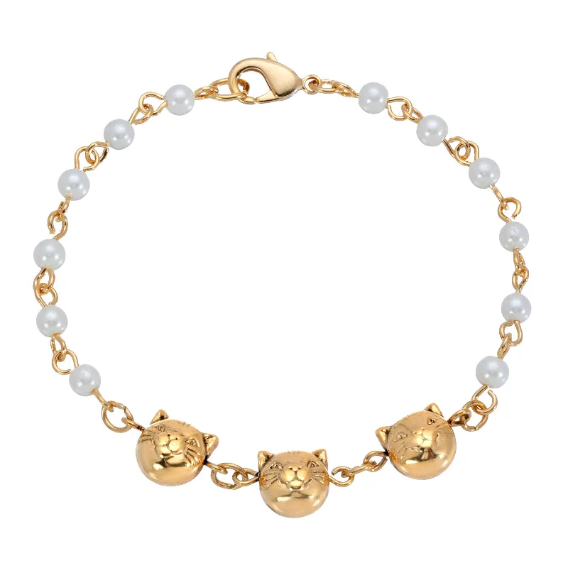 natural gemstone bracelet for positive energy -1928 Jewelry® Triple Cat Face With Pearl Chain Bracelet