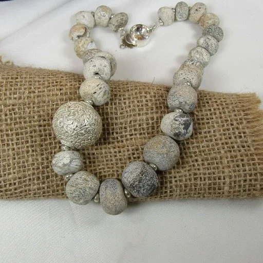 trendy gold necklace -Silver and Rare Petrified Dinosaur Bone Bead Necklace