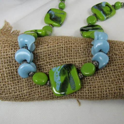 cute charm necklace -Handmade Kazuri Necklace in Green Apple and Matt Turquoise.