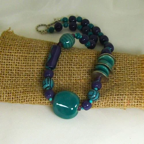 initial necklace with name -Peacock and Purple Kazuri Necklace Fair Trade Beads