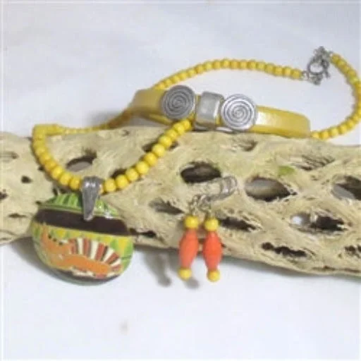 zodiac sign necklace -Artisan Yellow Cat Necklace and Regaliz Leather Bracelet Jewelry Set