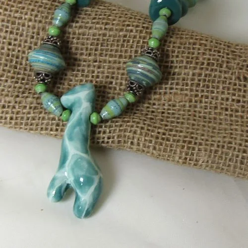 heart shaped necklace -Handmade African Bead Necklace Aqua Kazuri Giraffe Kazuri