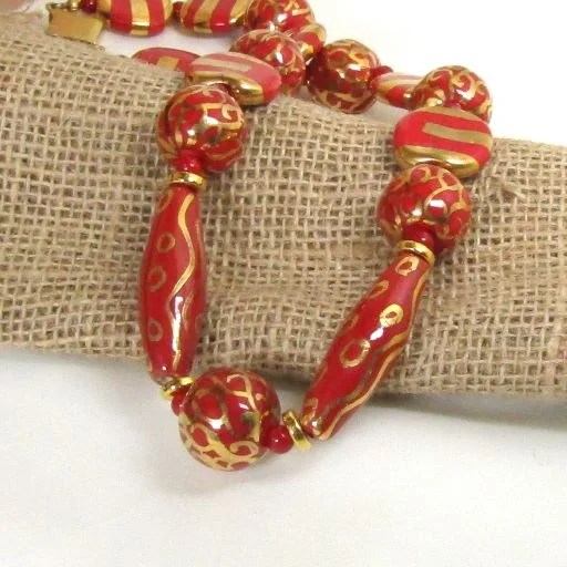 diamond necklace for women -Chunky Red and Gold Fair Trade Bead  Necklace Kazuri