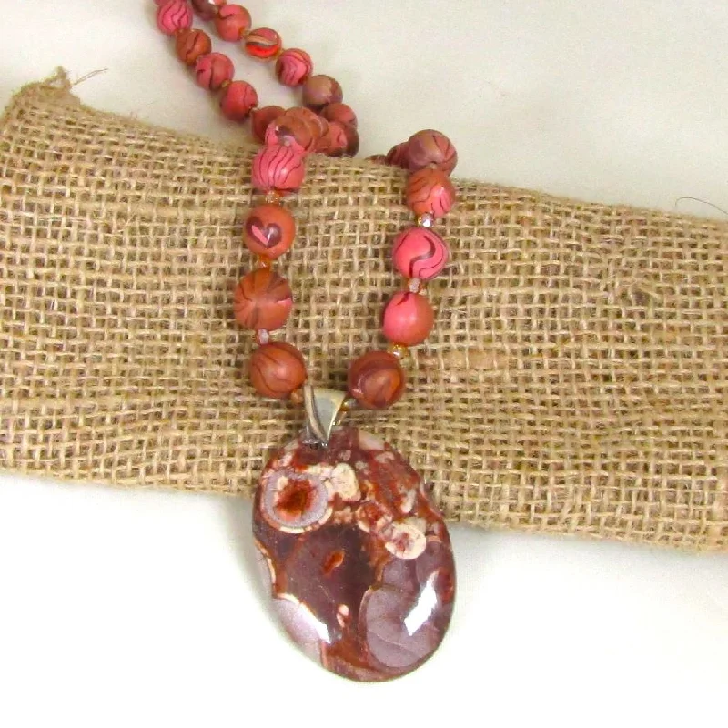 handmade crystal necklace -Handmade Pink Beaded Necklace with Gemstone Pendant