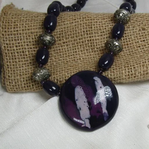 custom gold charm necklace -Purple Bead i Necklace with Big Bold Purple Fair Trade Pendant