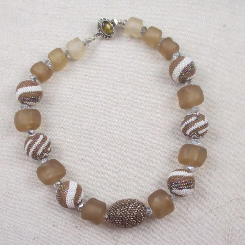 sterling silver heart necklace -Chunky Beige and White Beaded Bead Designer Necklace