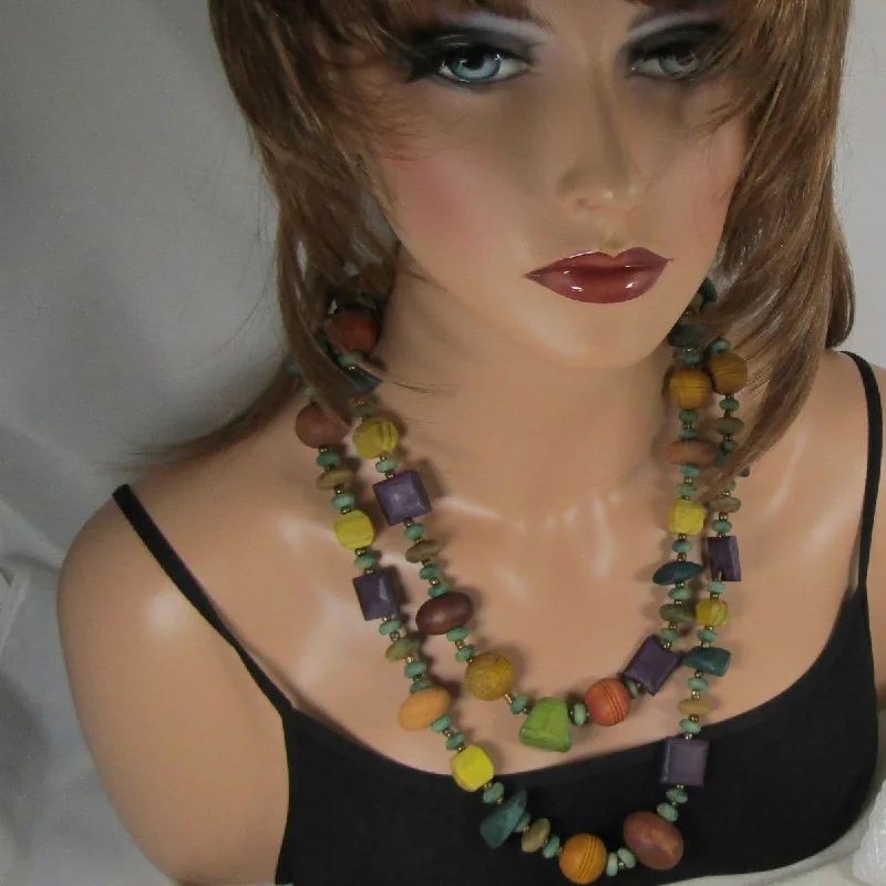 fine diamond necklace -Bold Wood Beaded Necklace Double Strand Multi-colored