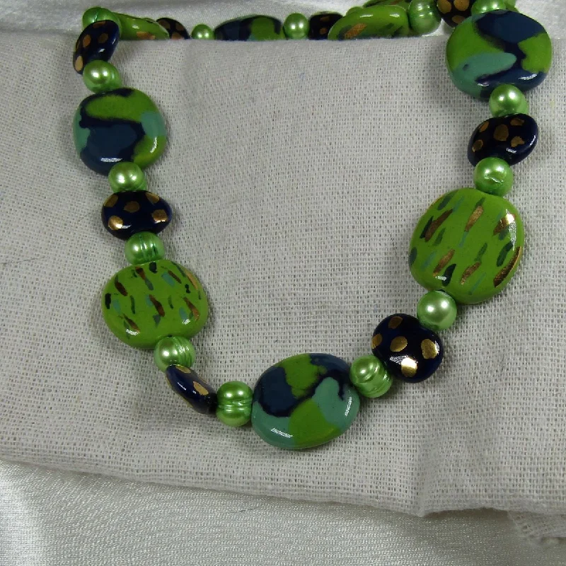 elegant choker necklace -Fair Trade Kazuri Necklace Apple Green and Midnight Blue Kazuri Beads