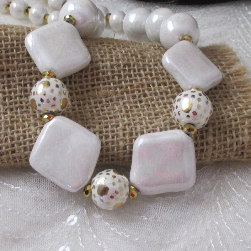 birthstone necklace for couples -Pearl  White and Gold Kazuri Necklace - Fair Trade Beads