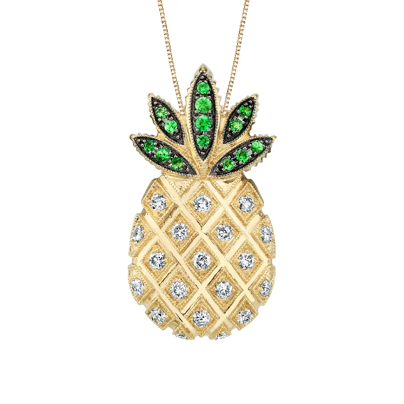 minimalist diamond necklace -14K Yellow Gold Pineapple Necklace With Diamonds And Tsavorites