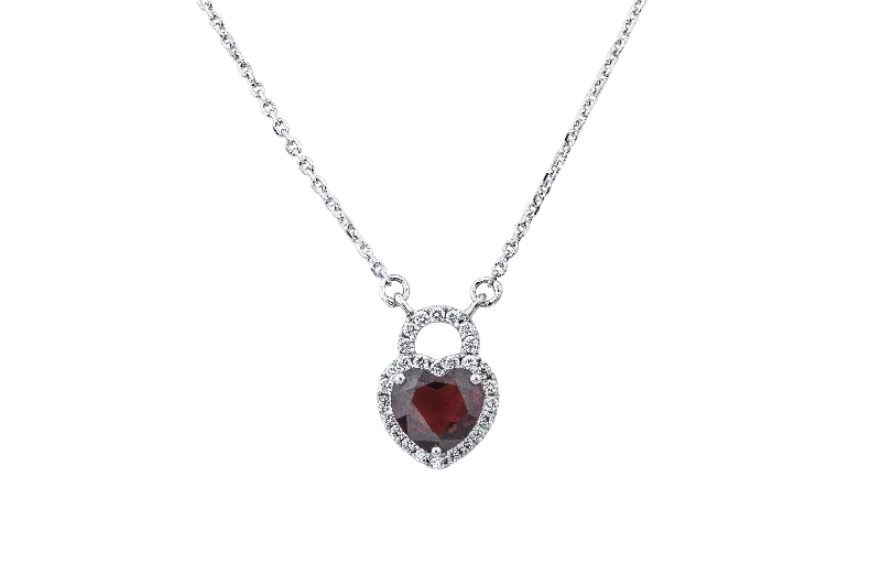 silver moonstone pendant necklace -14K White Gold Diamond And Garnet Heart Lock Necklace