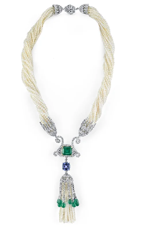 vintage crystal necklace -18K Sead Pearl Necklace With Emeralds Diamonds And Tanzanite