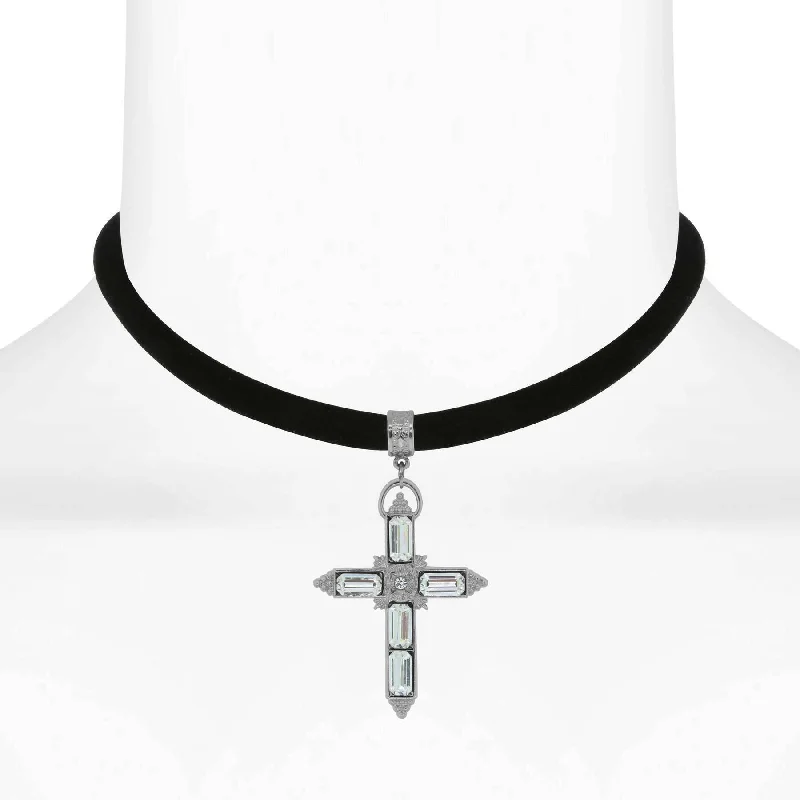 silver necklace with initials -1928 Jewelry Austrian Crystal Cross Black Velvet Choker Necklace 12" + 5" Extender