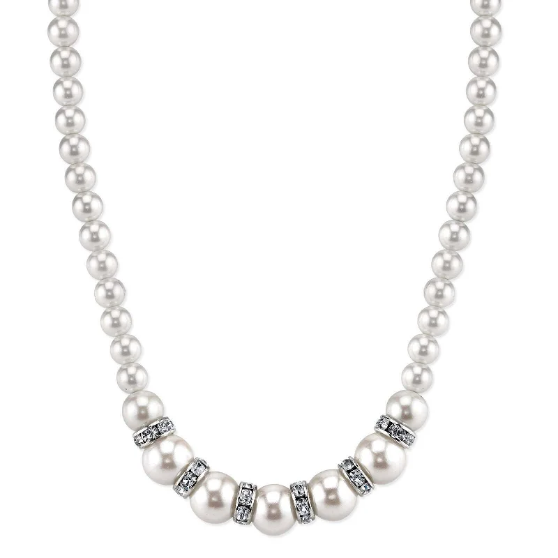 charm necklace for men -1928 Bridal White Graduated Faux Pearl Strand And Crystal Necklace 15" + 3" Extender