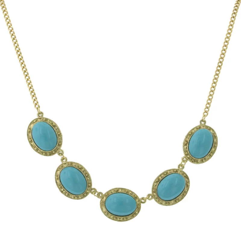 gold and silver necklace set -2028 Jewelry Turquoise Color Five Oval Stone Necklace 16" + 3" Extender